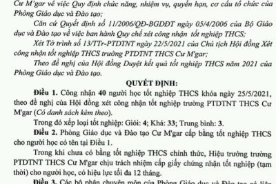 Quyết định của PGD-ĐT Cư M’gar V/v phê duyệt kết quả tốt nghiệp THCS Năm học 2020-2021 của Trường PTDTNT THCS Cư M’gar
