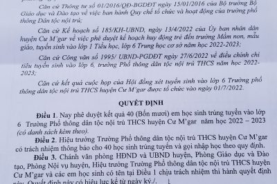 Quyết định của UBND huyện Cư M’gar về phê duyệt danh sách HS trúng tuyển vào lớp 6 trường PTDTNT THCS Cư M’gar năm học 2022-2023